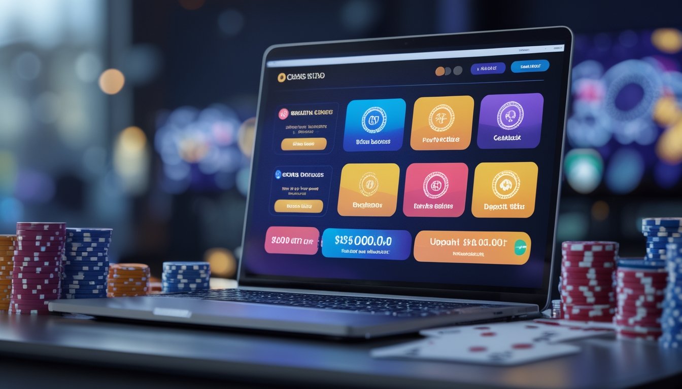 Seorang pengguna sedang melihat layar komputer dengan tampilan situs casino online yang menampilkan berbagai simbol bonus dan promosi, di sekitar terdapat chip poker dan kartu remi.