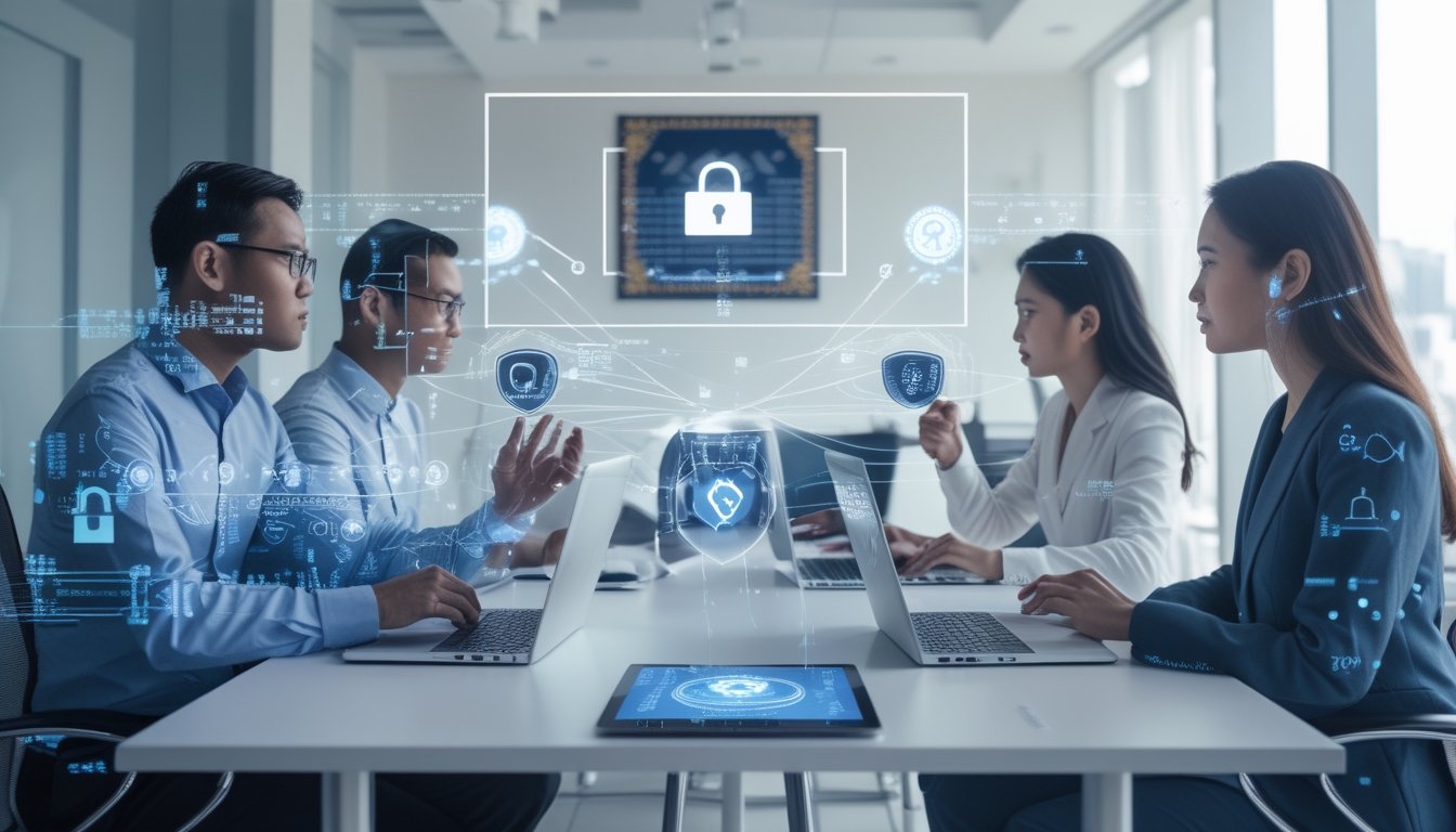 Beberapa profesional sedang berdiskusi di ruang kantor modern dengan perangkat digital yang menampilkan simbol keamanan data.