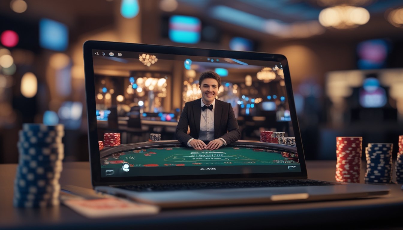 Seorang dealer kasino langsung yang ramah tampil di layar perangkat digital dengan latar belakang elemen kasino seperti chip dan kartu.