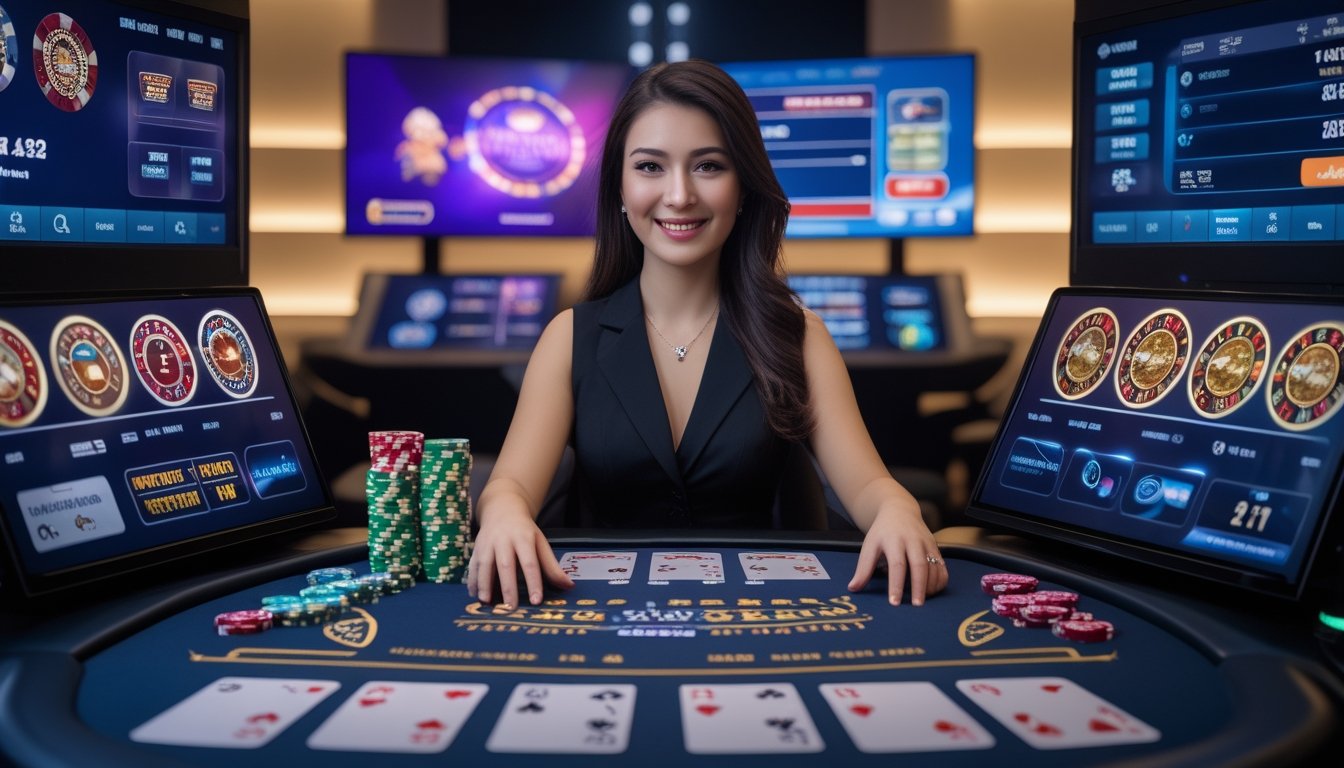 Seorang dealer wanita profesional sedang duduk di meja kasino dengan kartu dan chip, dikelilingi oleh layar yang menampilkan permainan kasino langsung.