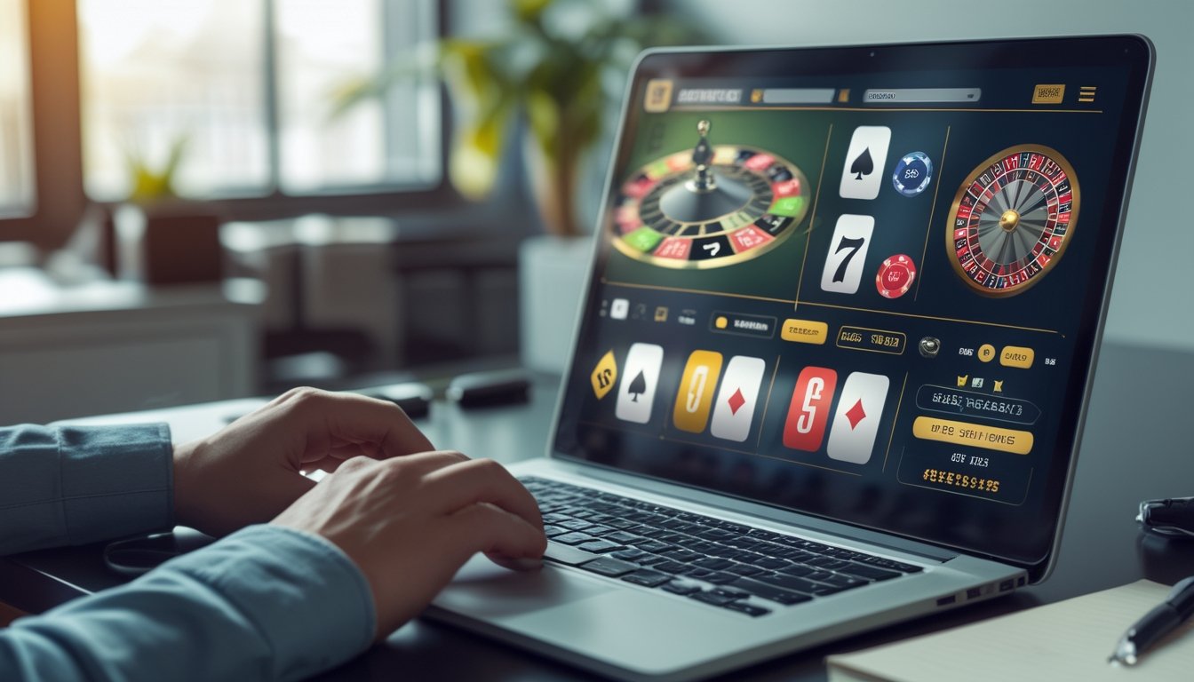 Seseorang menggunakan laptop di meja kerja dengan tampilan permainan kasino online di layar, suasana terang dan rapi.