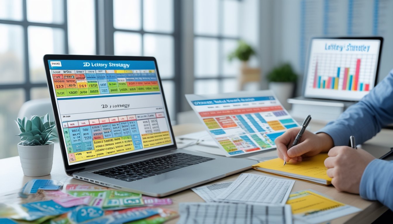 Seseorang sedang duduk di meja kerja dengan laptop, catatan, dan tiket lotere, fokus pada perencanaan strategi bermain togel 2D.