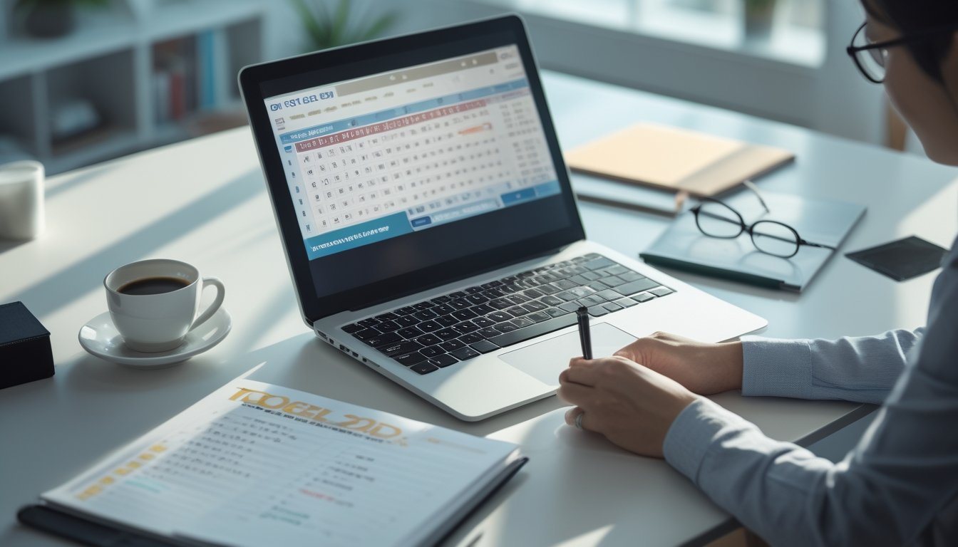 Meja kerja dengan laptop, catatan strategi, pena, dan secangkir kopi yang menunjukkan suasana belajar dan fokus pada permainan Togel 2D.