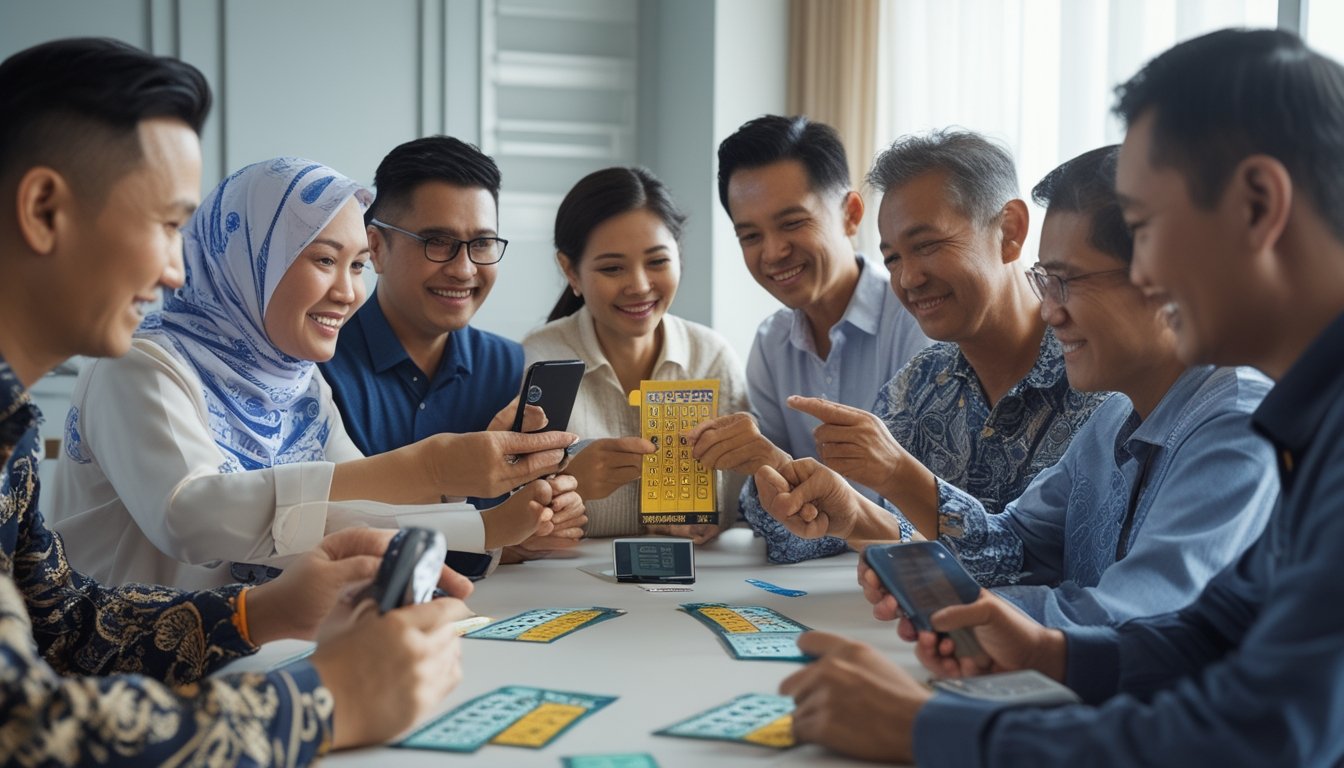 Sekelompok orang Indonesia sedang berkumpul di meja bermain permainan lotre dengan ekspresi serius dan antusias.