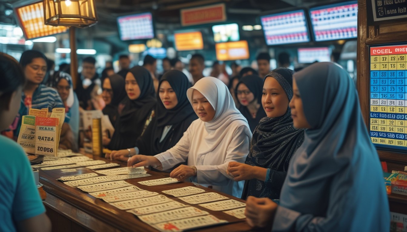 Sekelompok orang Indonesia berkumpul di pasar dengan tiket togel dan layar digital, menunjukkan aktivitas bermain togel 2D.