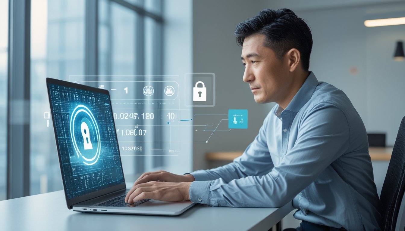Seorang pria dewasa Asia duduk di meja kantor modern menggunakan laptop dengan grafik digital di layar, menunjukkan suasana kerja yang fokus dan terpercaya.