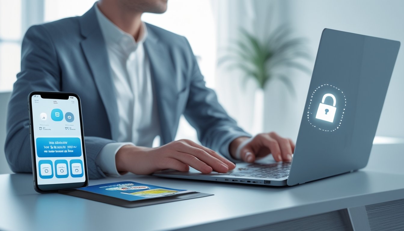 Seorang pria duduk di depan laptop di meja kerja modern dengan elemen yang menunjukkan keamanan dan kepercayaan dalam permainan togel online tahun 2026.