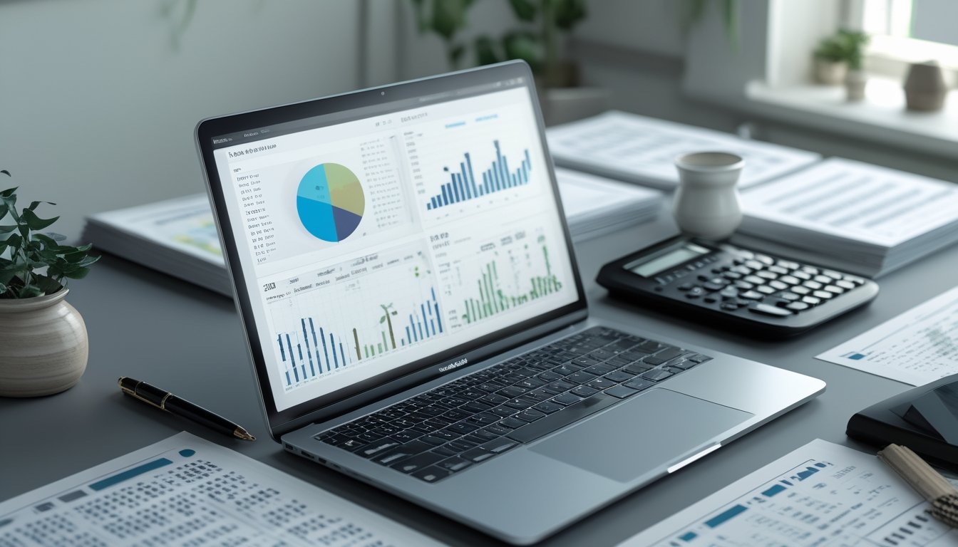 Meja kerja dengan laptop yang menampilkan grafik dan data angka, serta kertas dan alat tulis di sekitarnya, menunjukkan aktivitas analisis data keluaran togel 2D.
