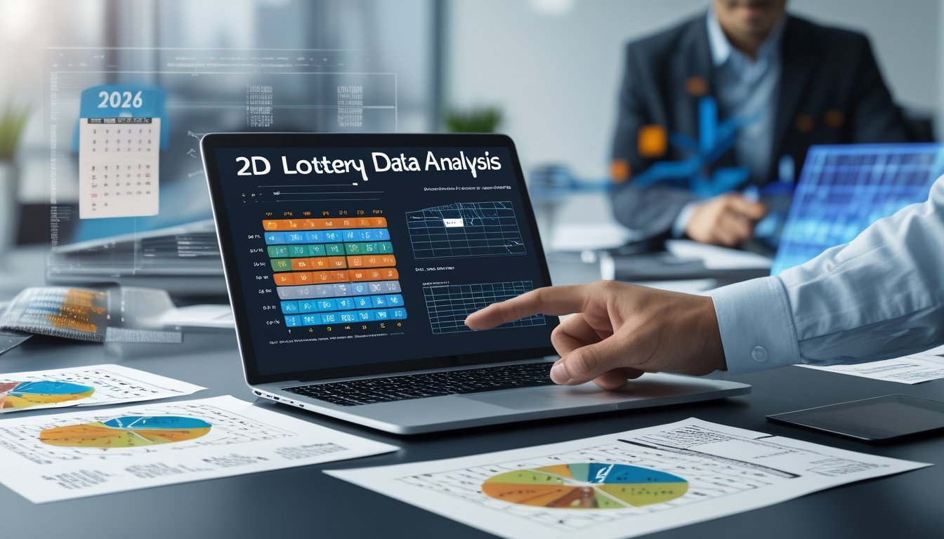 Meja kerja dengan perangkat digital menampilkan grafik dan pola angka togel 2D, tangan menunjuk layar, suasana kantor yang terang dan rapi.