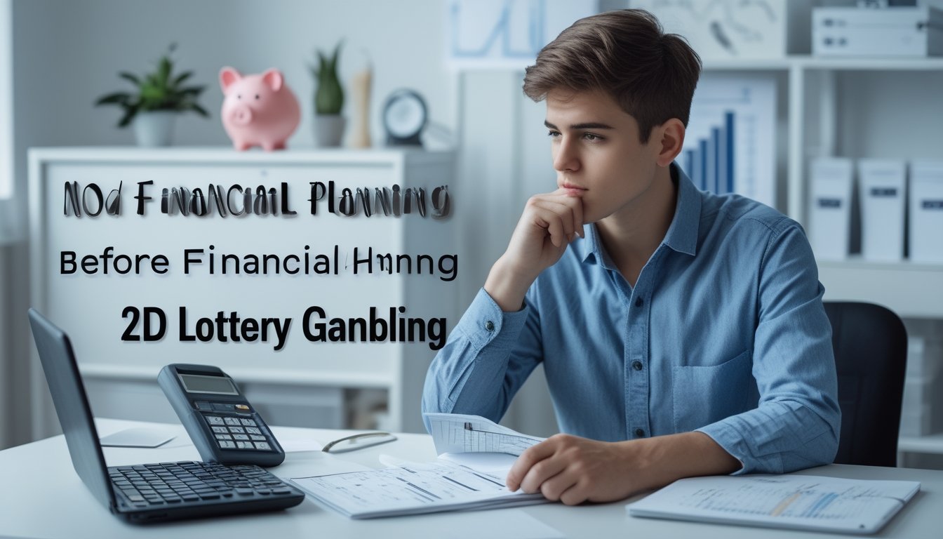 Seorang dewasa muda sedang duduk di meja dengan alat perencanaan keuangan seperti kalkulator, buku catatan, dan laptop, fokus menganalisis data untuk mengelola modal dalam bermain togel 2D.