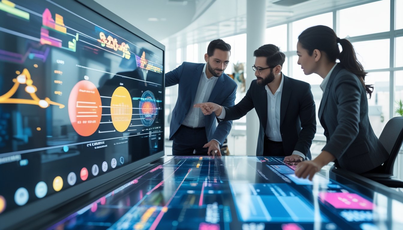 Tiga profesional sedang berdiskusi serius di sekitar meja digital dengan tampilan data numerik berwarna yang melambangkan konsep 2D, 3D, dan 4D dalam ruang kantor modern.