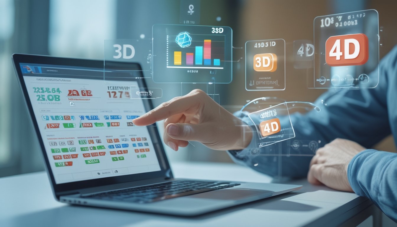 Meja kerja dengan laptop menampilkan data dan grafik angka lotre 2D, 3D, dan 4D dengan tangan seseorang yang sedang berinteraksi dengan layar holografik.