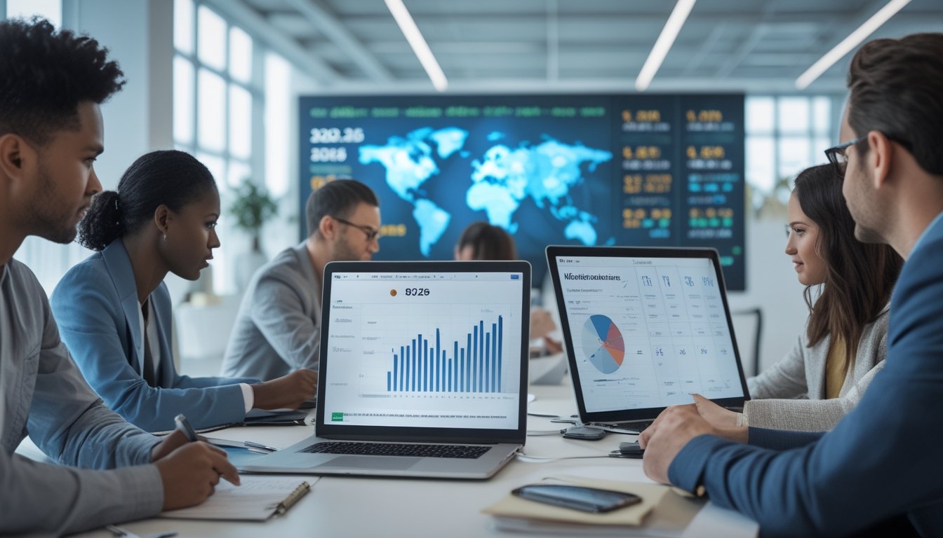 Sekelompok orang bekerja di kantor modern dengan komputer dan layar besar menampilkan data dan grafik angka.