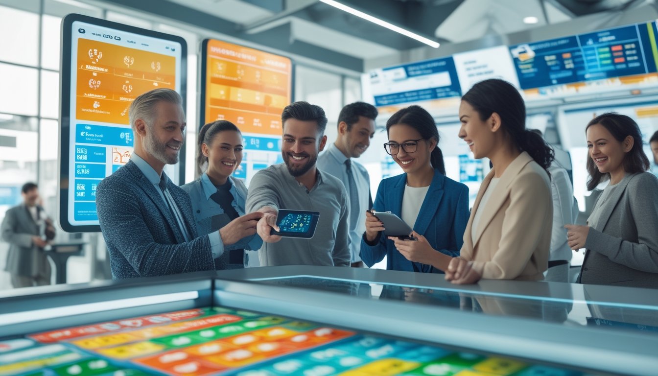 Sekelompok orang beragam usia dan latar belakang sedang menggunakan perangkat digital untuk bermain togel 2D di lingkungan modern yang terang dan penuh teknologi.
