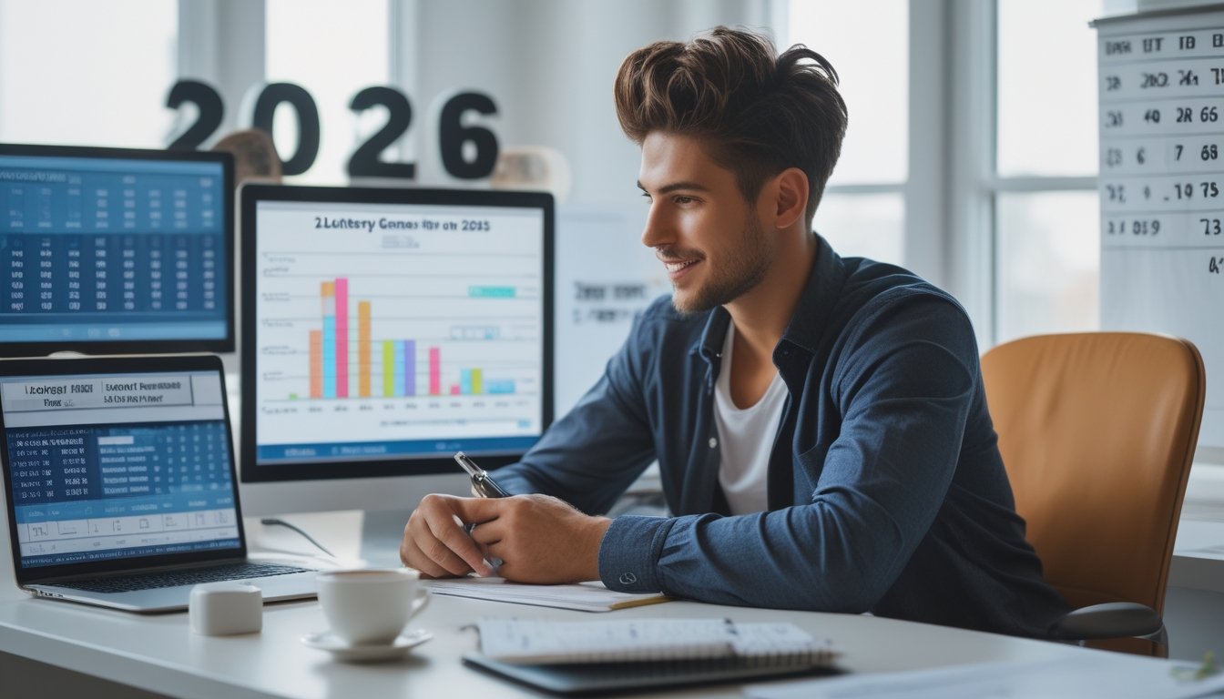 Seorang pria muda duduk di meja kantor modern, fokus menganalisis angka dan grafik lotere di beberapa layar digital.
