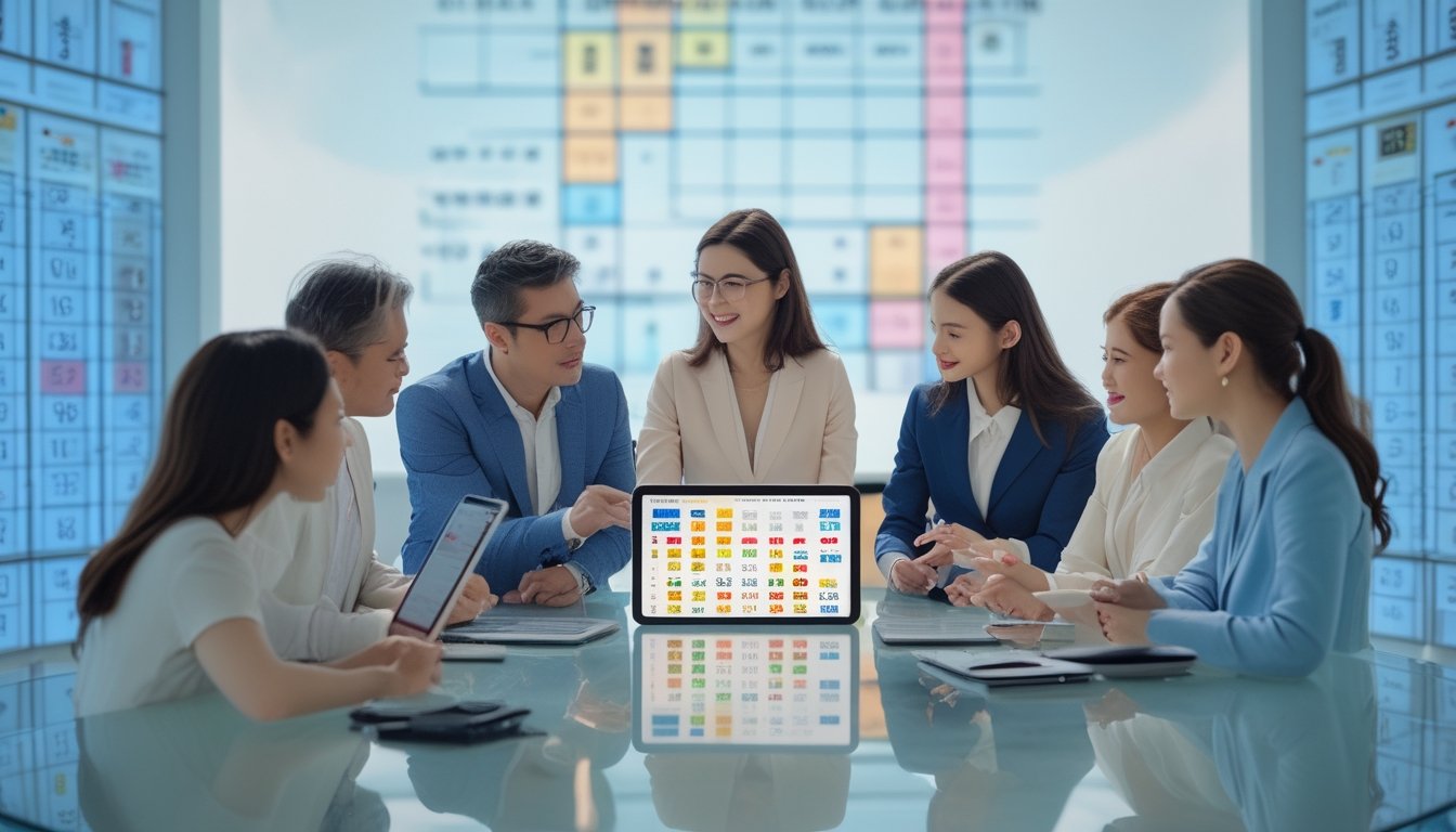 Sekelompok orang dewasa sedang berdiskusi serius di sekitar meja dengan perangkat digital yang menampilkan data dan grafik terkait permainan togel 2D.