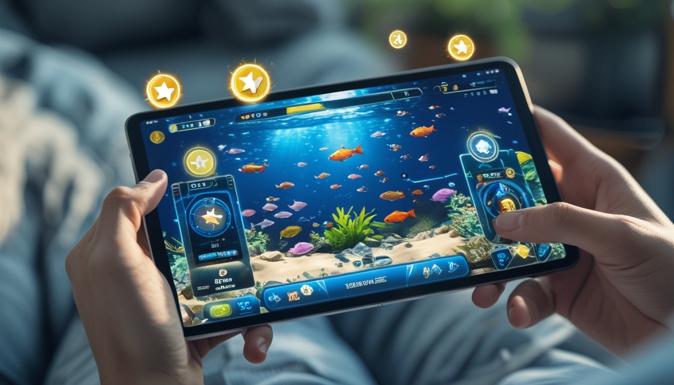 Seseorang memegang perangkat digital dengan layar menampilkan permainan tembak ikan online yang penuh warna dan ikon power-up yang menyala.