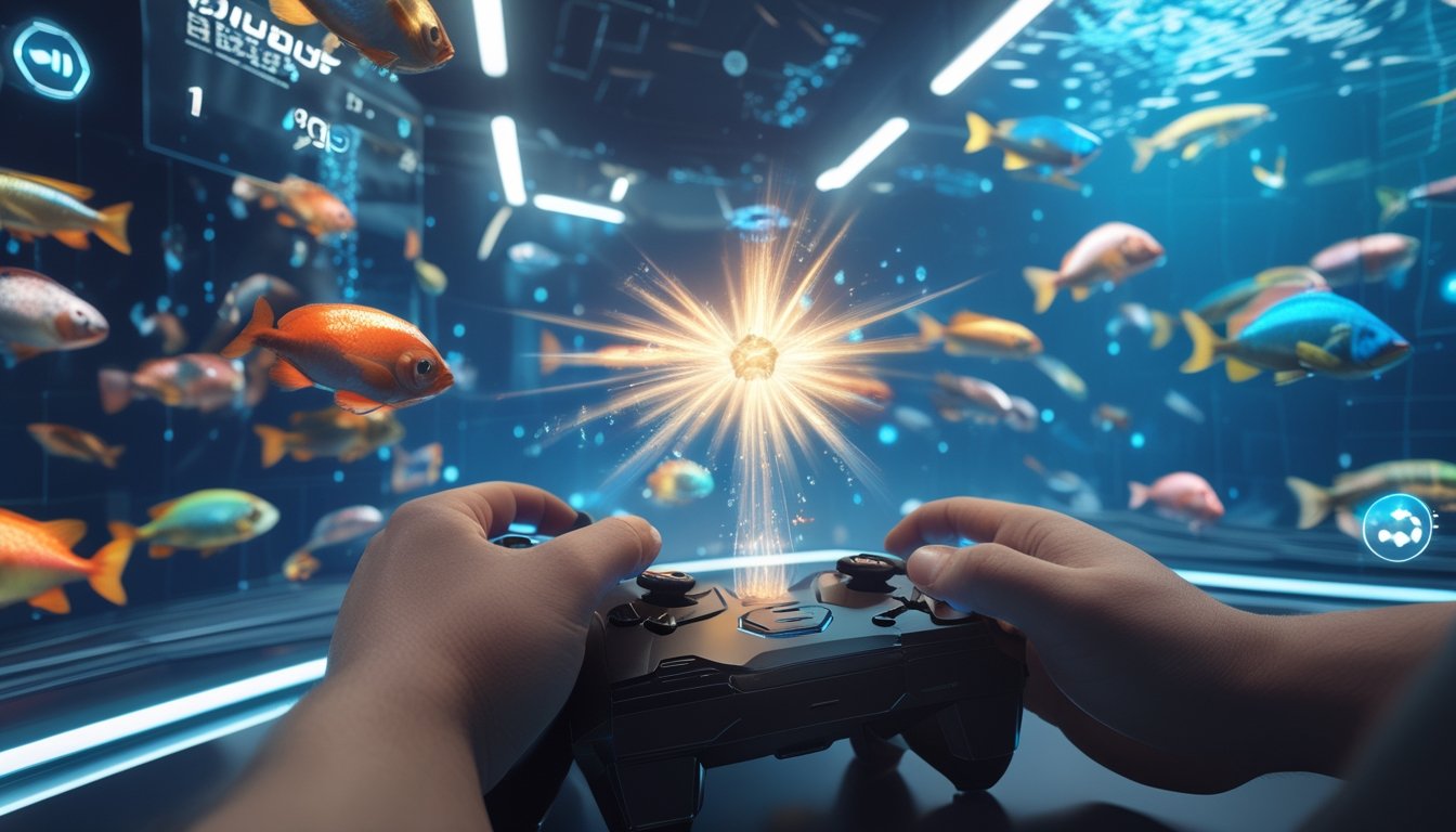 Suasana permainan tembak ikan online dengan ikan berwarna-warni dan pemain mengaktifkan power-up menggunakan kontroler game.