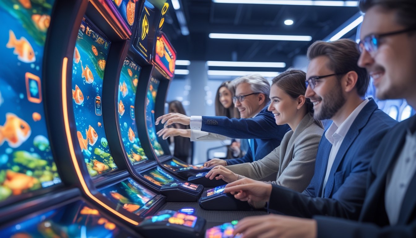 Orang-orang bermain mesin permainan tembak ikan futuristik dengan layar berwarna cerah dan ikon power-up langka di ruang arcade modern.