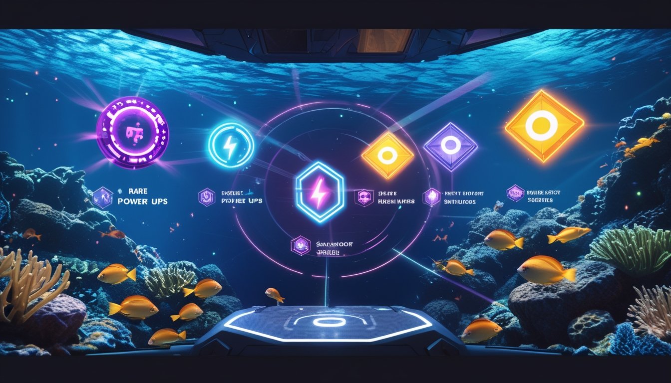 Antarmuka permainan bawah laut futuristik dengan ikon power-up langka yang menyala di atas latar belakang ikan dan terumbu karang.