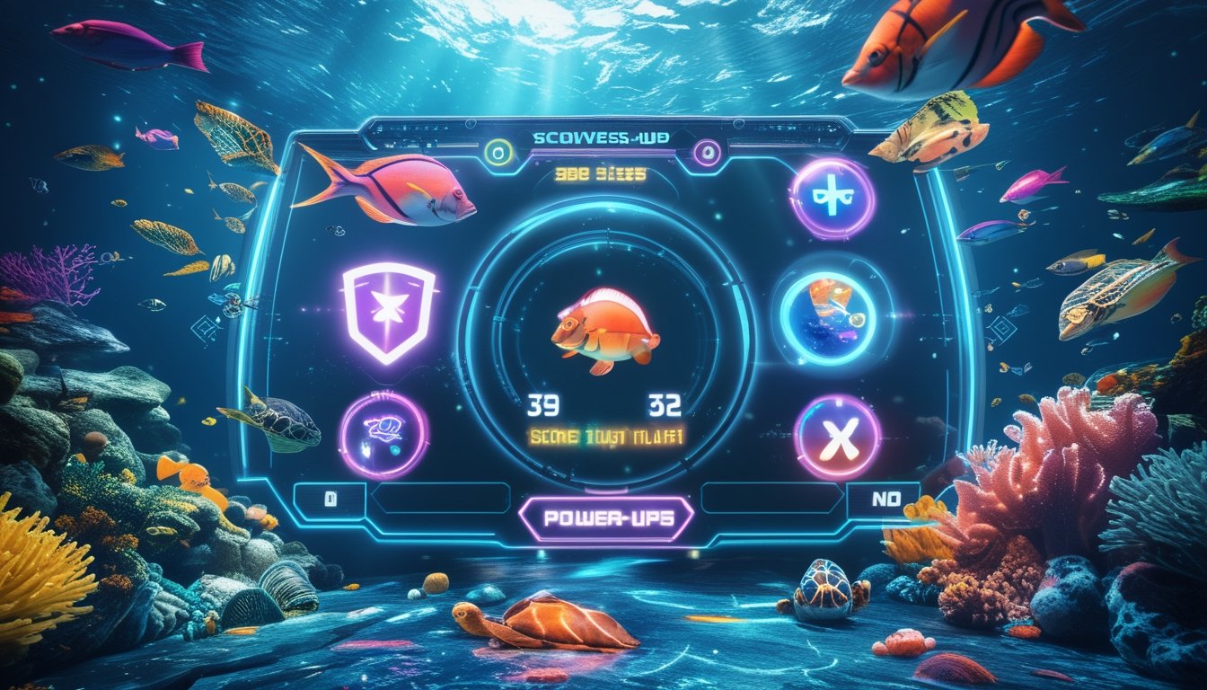 Adegan bawah laut dengan berbagai ikan warna-warni dan ikon power-up bercahaya dalam permainan tembak ikan futuristik.