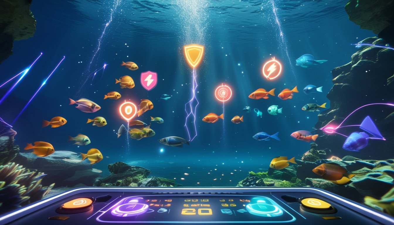 Latar bawah laut berwarna-warni dengan berbagai ikan dan ikon power-up yang bersinar, menampilkan suasana permainan tembak ikan yang dinamis dan futuristik.