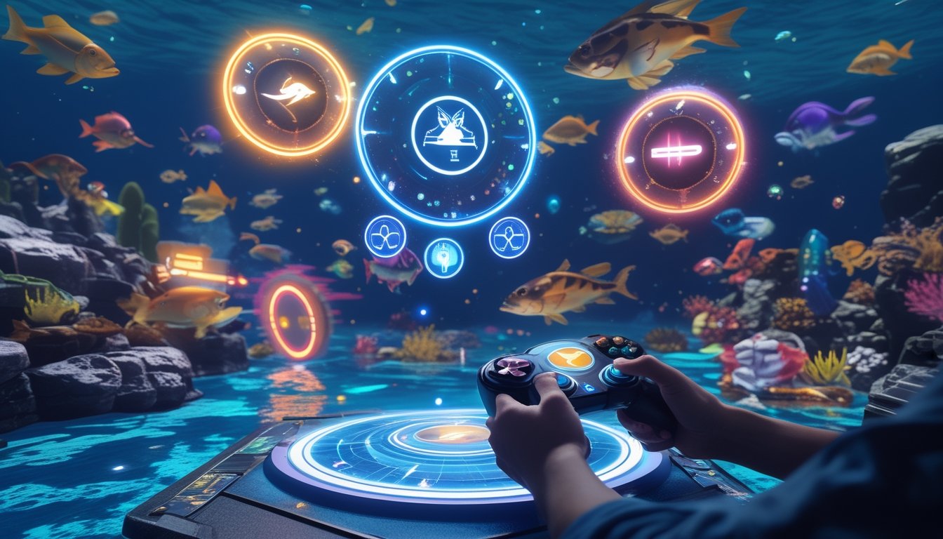 Seorang gamer menggunakan kontroler dengan latar belakang permainan ikan berwarna-warni di bawah laut yang penuh dengan berbagai ikan dan elemen permainan yang menyala.