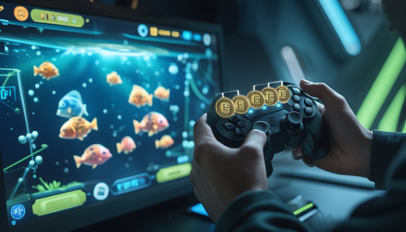 Tangan seseorang memegang pengontrol game di depan layar permainan bertema bawah laut dengan ikan dan ikon power-up yang berwarna-warni.