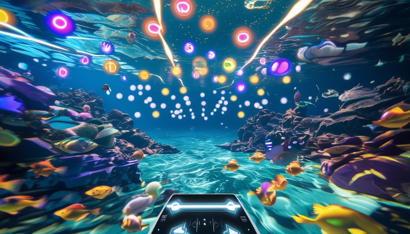 Adegan bawah laut dengan berbagai ikon power-up berwarna cerah dan ikan-ikan yang hidup di dasar laut yang jernih.