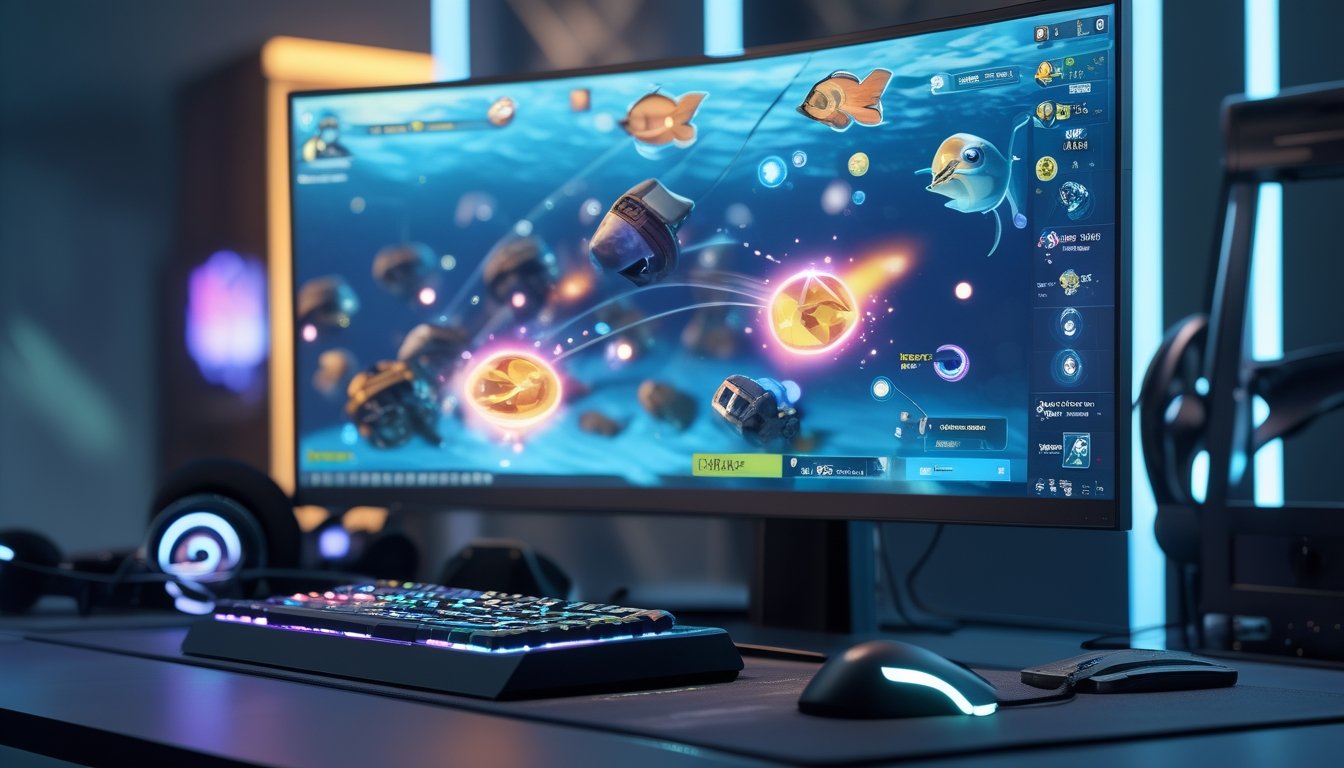Setup gaming profesional dengan monitor menampilkan permainan tembak ikan dan berbagai power-up kuat di layar.