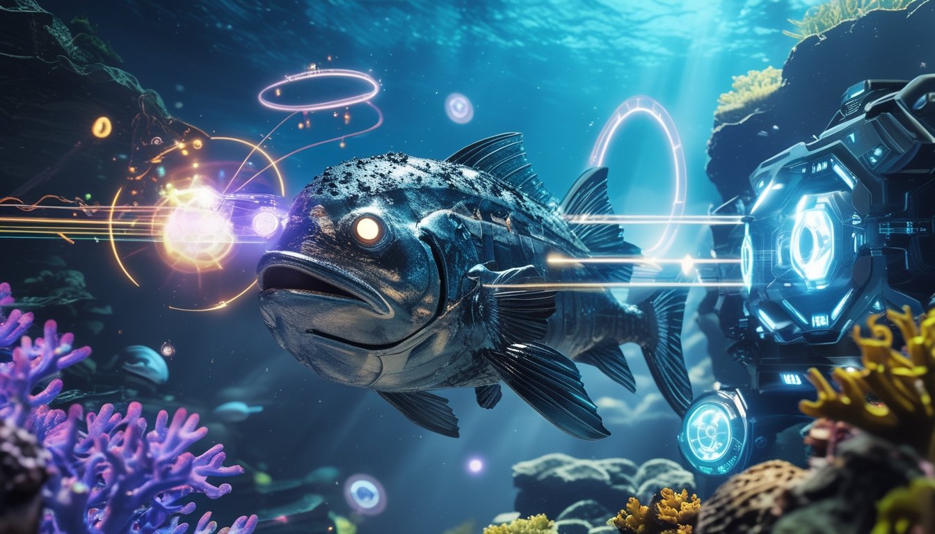 Adegan bawah laut dengan senjata futuristik dan efek kekuatan yang menyerang bos ikan mekanik besar.