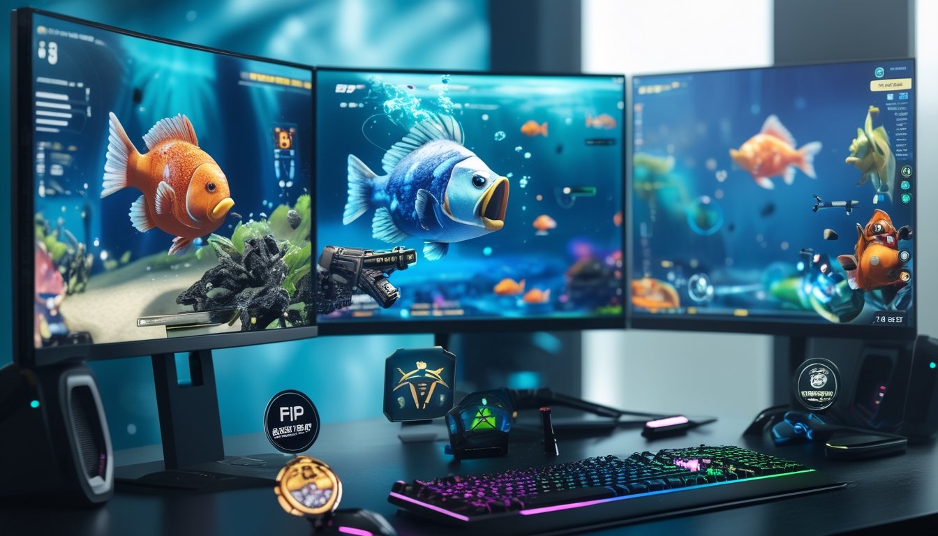 Sebuah meja gaming dengan layar menampilkan pertarungan bos ikan futuristik dan berbagai senjata serta power-up di sekitar meja.