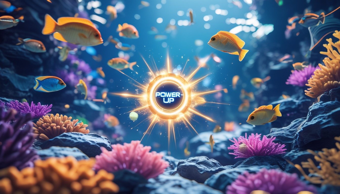 Adegan bawah laut penuh ikan berwarna-warni dengan efek cahaya yang menunjukkan fitur power-up dalam permainan tembak ikan.