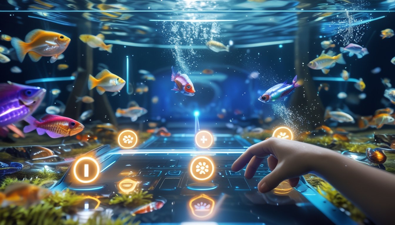 Tangan pemain sedang mengaktifkan fitur power-up pada layar permainan tembak ikan dengan latar bawah laut penuh ikan berwarna-warni.