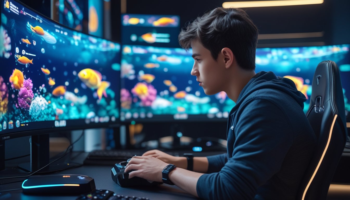 Seorang pemain game fokus mengelola durasi power-up saat bermain game tembak ikan dengan layar penuh warna dan efek visual di sekitar.