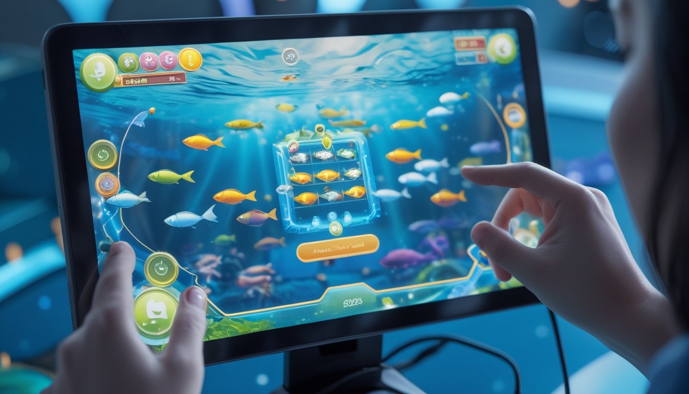 Seorang pemain sedang bermain permainan tembak ikan dengan layar penuh ikan berwarna-warni dan ikon power-up yang menyala.