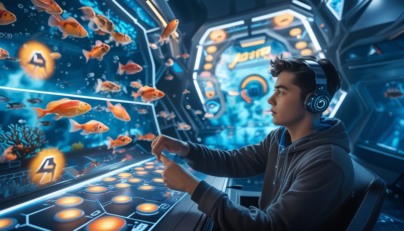 Seorang gamer muda yang fokus bermain game tembak ikan dengan latar belakang bawah laut penuh ikan dan efek power-up yang menyala.