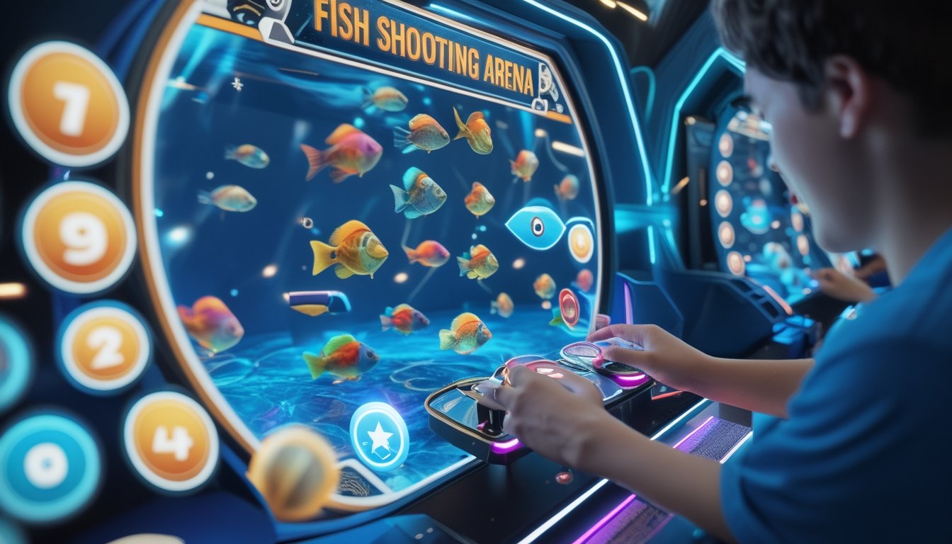 Seorang pemain sedang menggunakan kontroler untuk bermain game menembak ikan dengan berbagai power-up yang terlihat di layar.