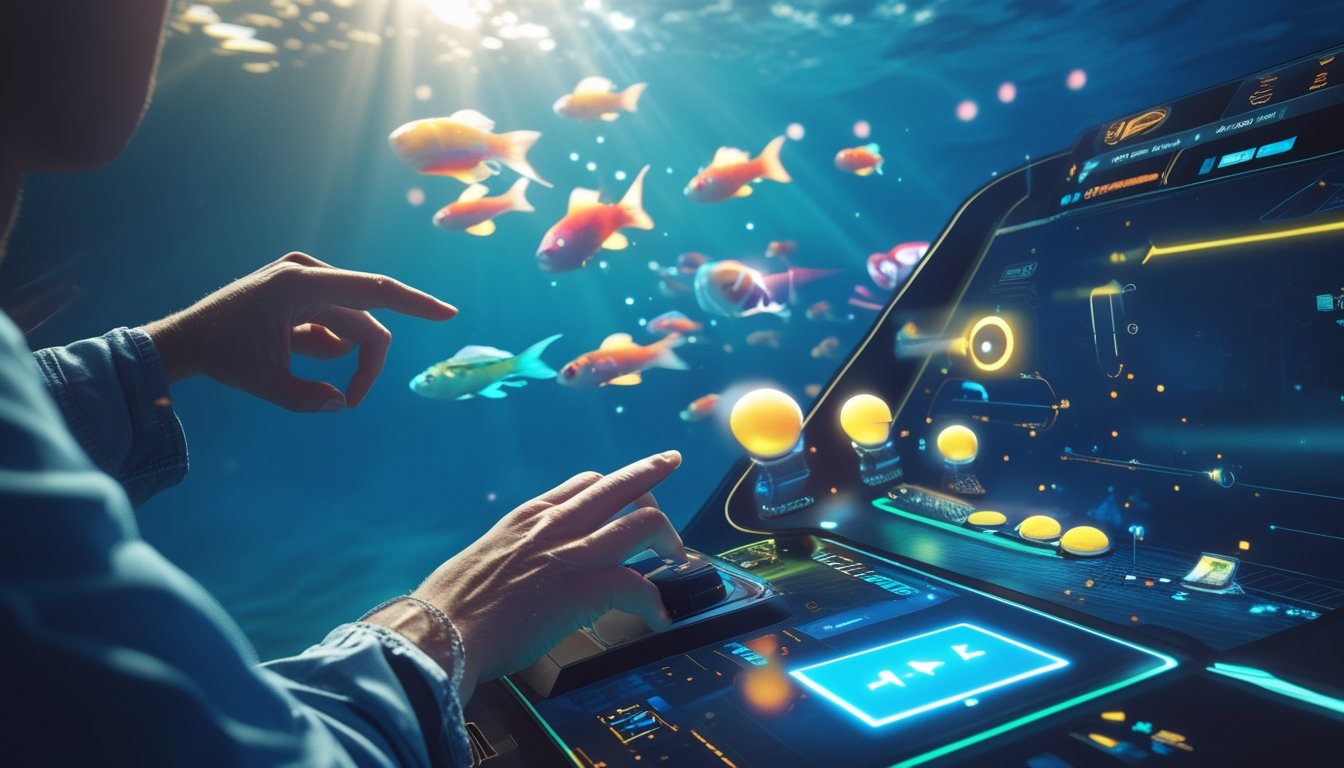 Tangan pemain sedang mengoperasikan kontroler layar sentuh dengan latar belakang permainan ikan berwarna-warni di bawah laut.