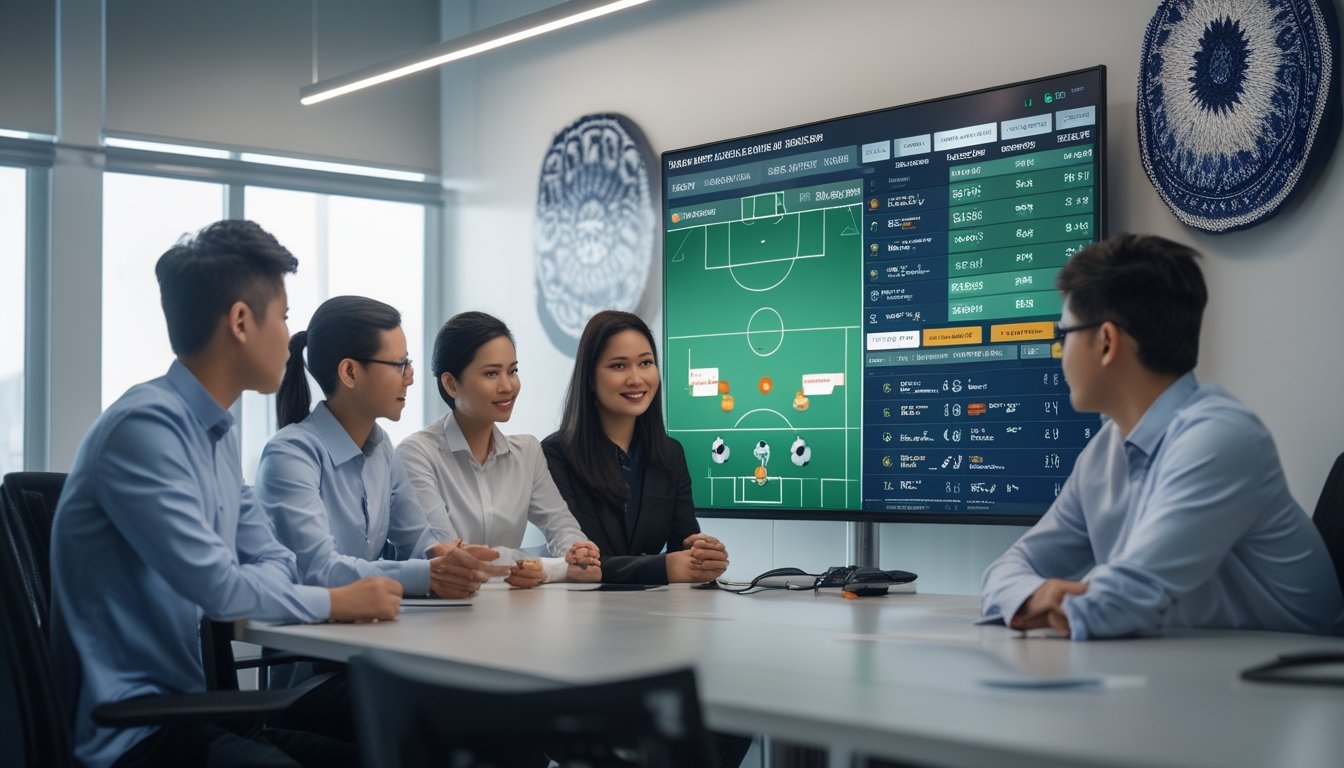 Sekelompok profesional muda Indonesia berdiskusi di kantor modern dengan layar digital yang menampilkan statistik pertandingan sepak bola dan peluang taruhan.
