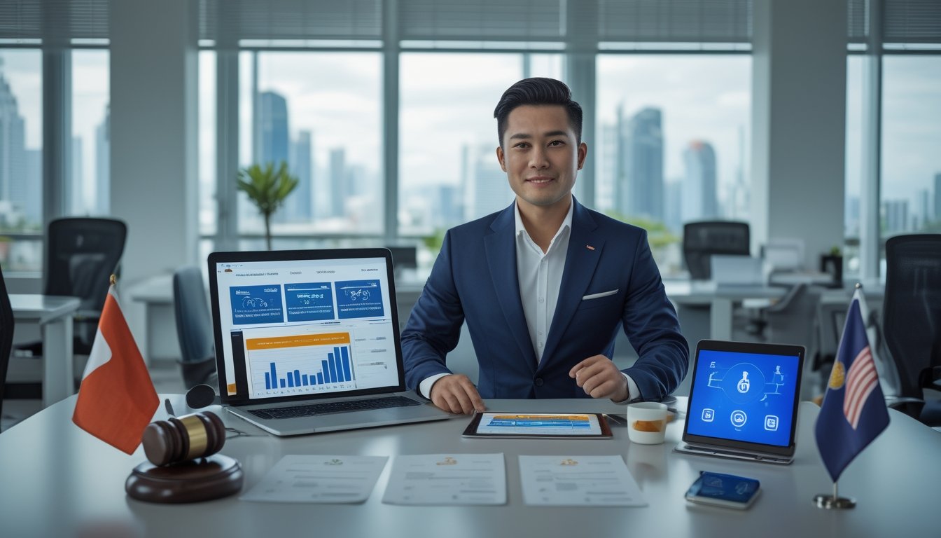 Seorang profesional duduk di meja kantor modern dengan perangkat digital dan dokumen, latar belakang pemandangan kota Jakarta.