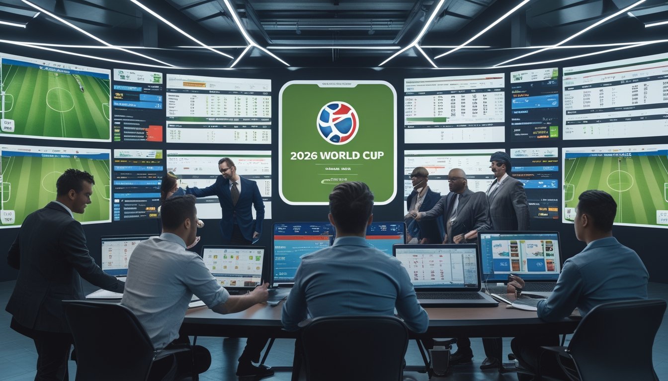 Orang-orang sedang melihat layar digital dengan statistik pertandingan sepak bola dan grafik taruhan untuk Piala Dunia 2026.