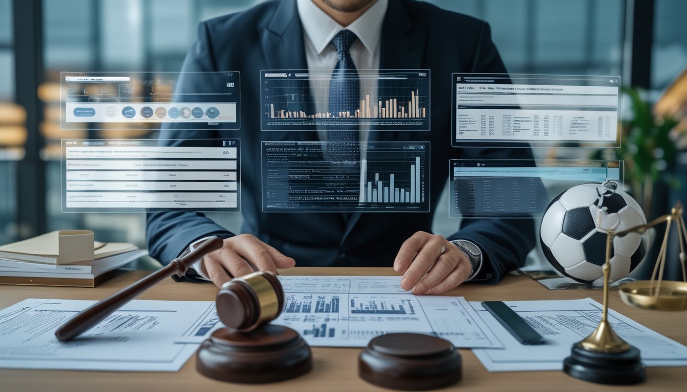Seorang pria bisnis sedang meninjau dokumen dan data digital di kantor modern dengan simbol kepercayaan dan legalitas, serta elemen sepak bola dan kalender tahun 2026 di latar belakang.