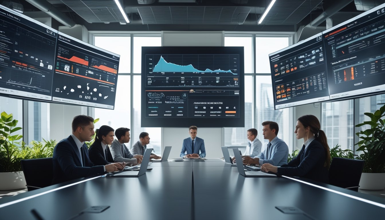 Sekelompok profesional sedang berdiskusi di ruang kantor modern dengan layar digital menampilkan data dan statistik taruhan sepak bola.