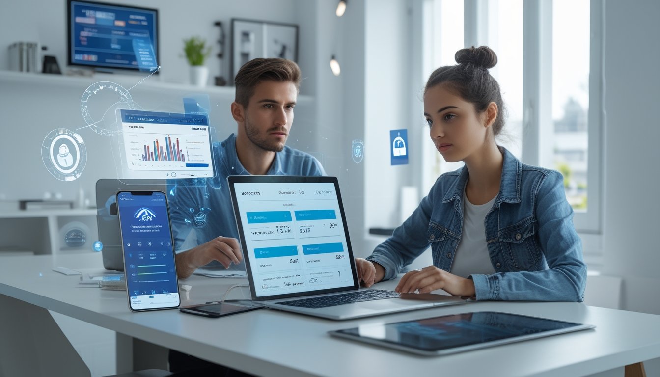 Dua orang sedang menggunakan perangkat digital untuk transaksi taruhan olahraga online dengan suasana hati waspada di ruang kerja modern.
