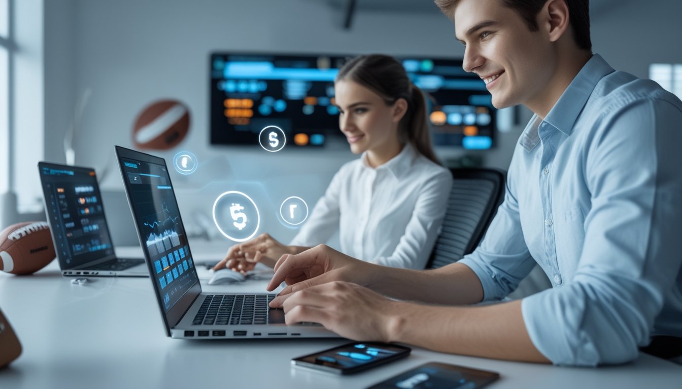 Dua orang muda menggunakan laptop dan ponsel untuk melakukan transaksi deposit dan withdraw cepat di platform taruhan bola.