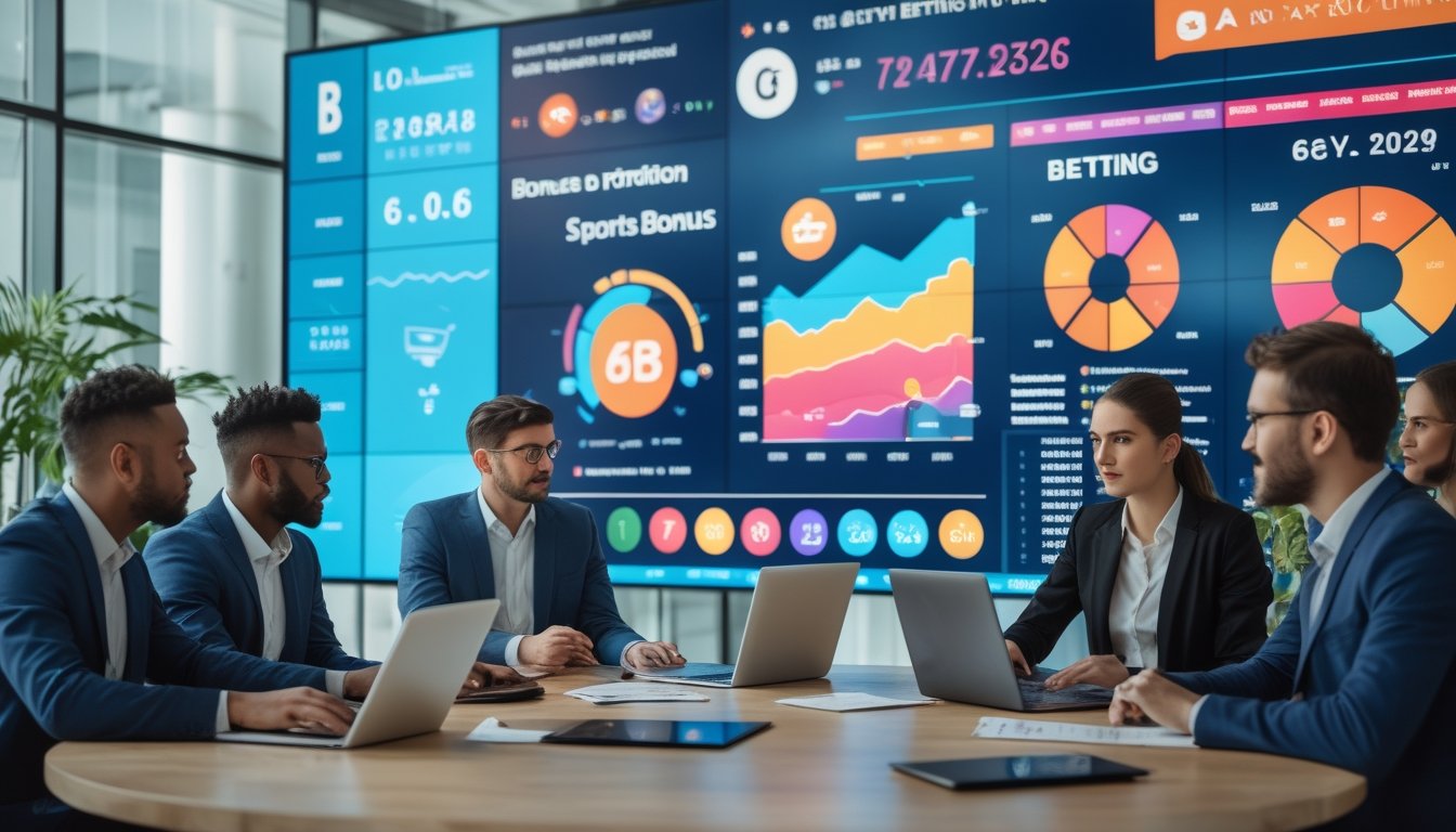 Sekelompok profesional bisnis sedang menganalisis data bonus dan promosi bandar bola tahun 2026 di ruang kantor modern.