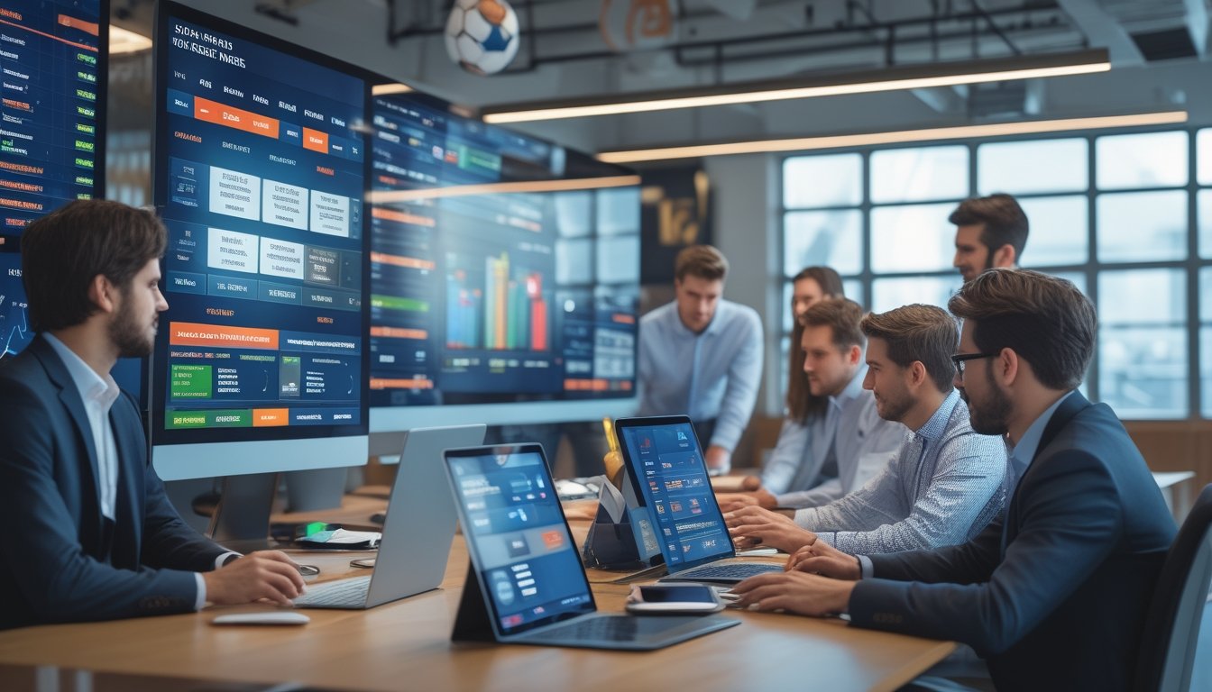 Sekelompok profesional sedang menganalisis data dan promosi bonus taruhan olahraga di sebuah kantor modern.