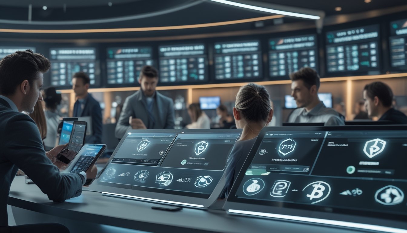 Orang-orang menggunakan perangkat digital di ruang taruhan modern dengan simbol transaksi kripto dan layar futuristik.