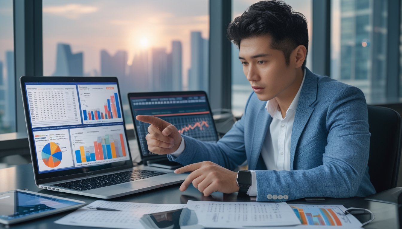 Seorang analis di kantor modern sedang melihat grafik dan data angka di laptop dan tablet dengan pemandangan kota di latar belakang.